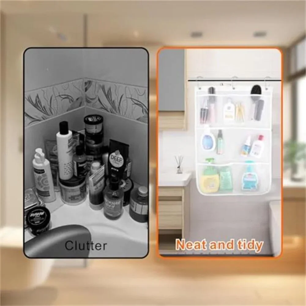 Mesh Shower Caddy Hanging Organizer 7 Pockets 6 Hooks Portable Bathroom Storage